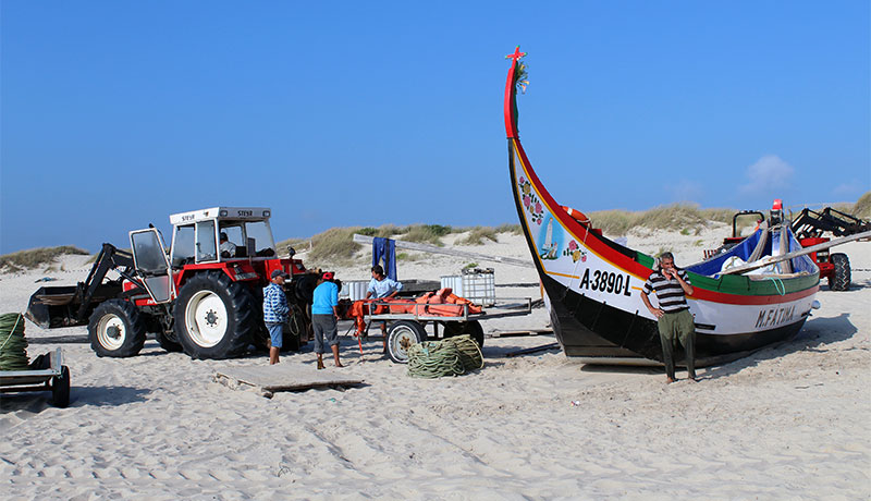 Vissers op het strand van Torreira, Costa Nova, bij Aveiro