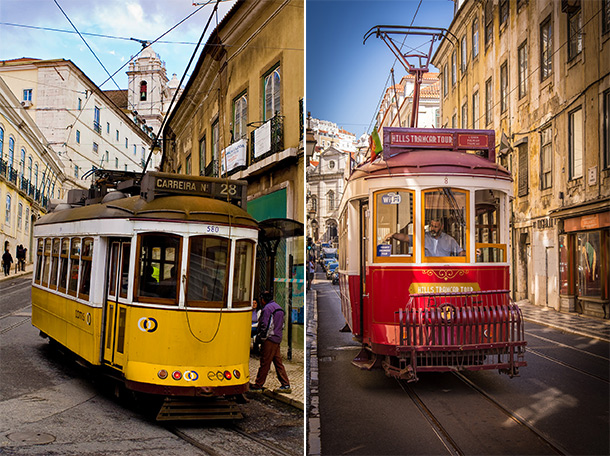 Rode en gele trams in Lissabon