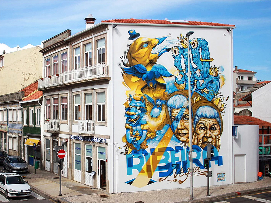 Street art van BreakOne in Porto, titel Ribeira